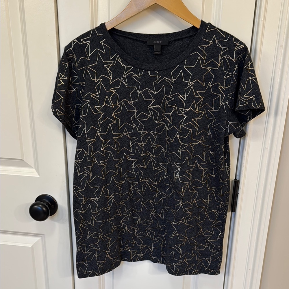 J Crew large charcoal gray and metallic gold Star Print Women's Top T-shirt